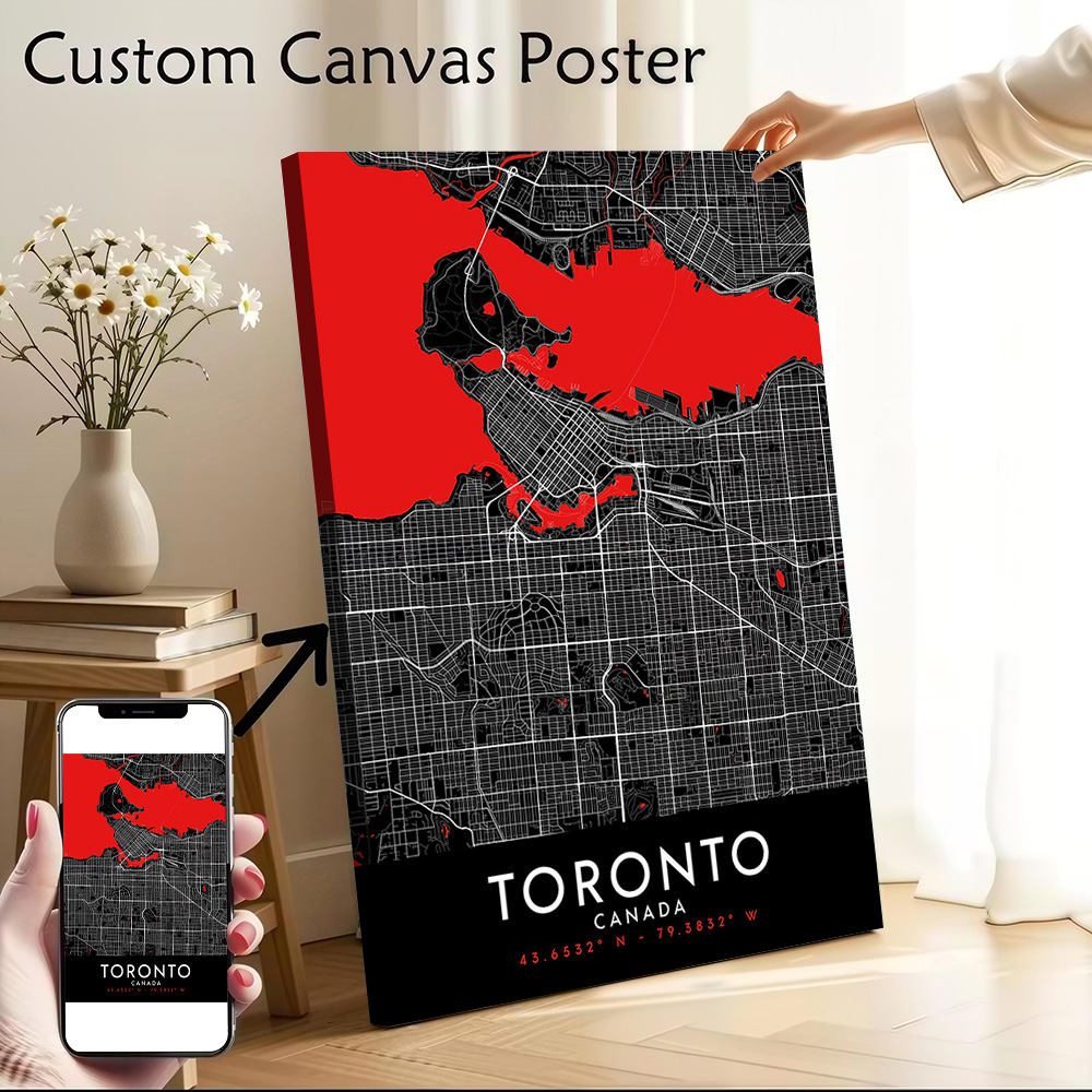Custom Map Poster - โปสเตอร์ภาพพิมพ์บนผ้าใบ Toronto Dark Map ภาพพิมพ์ตามสั่ง ภาพวาดสมัยใหม่สำหรับแฟนๆ